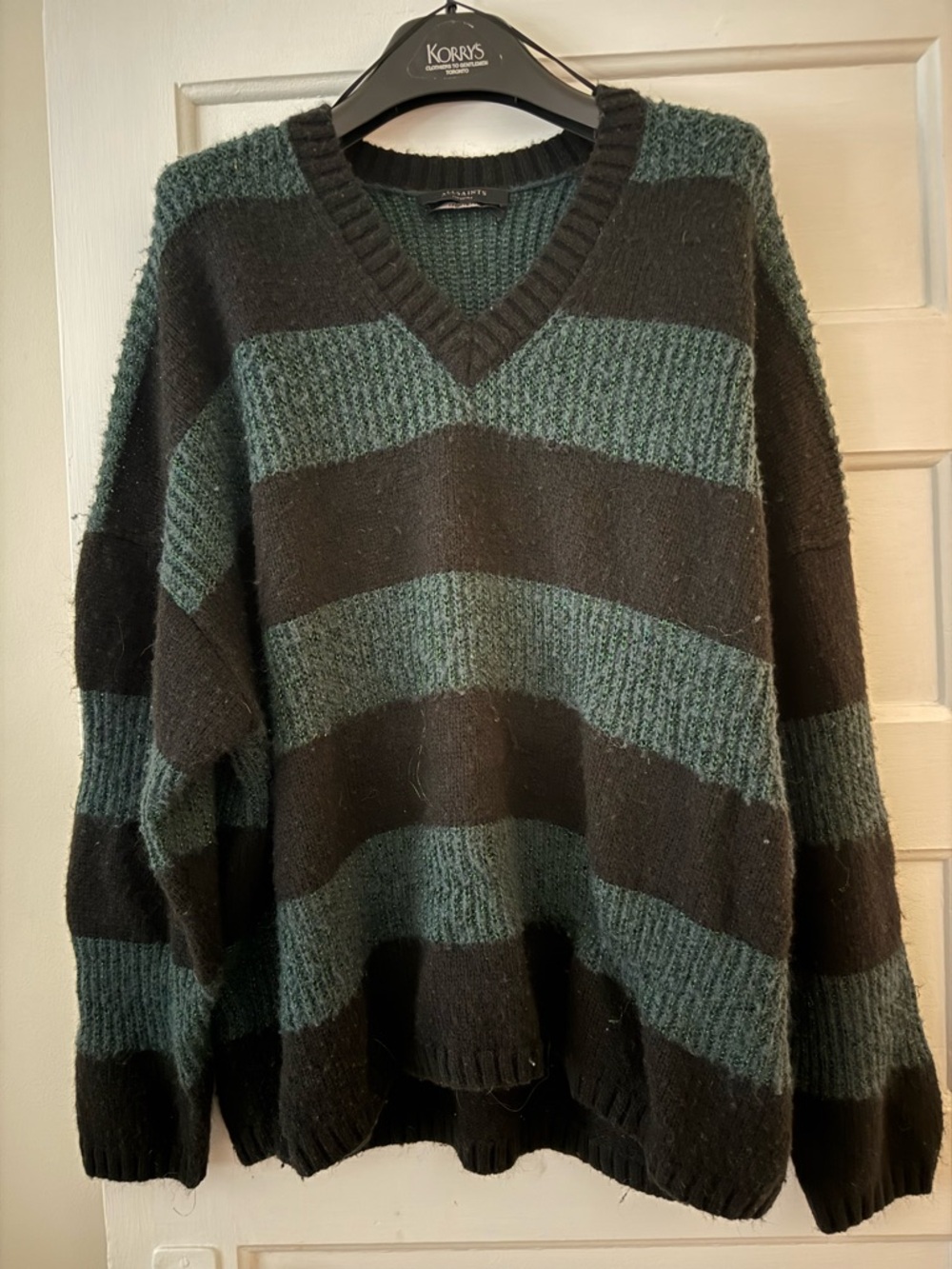 All Saints Striped V-Neck Sweater - Dark Green & Black